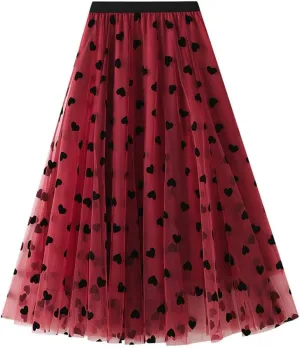 Tulle Skirts for Women Elastic High Waist Layered 3D Heart Print Double-Layered Mesh A-Line Midi Skirt