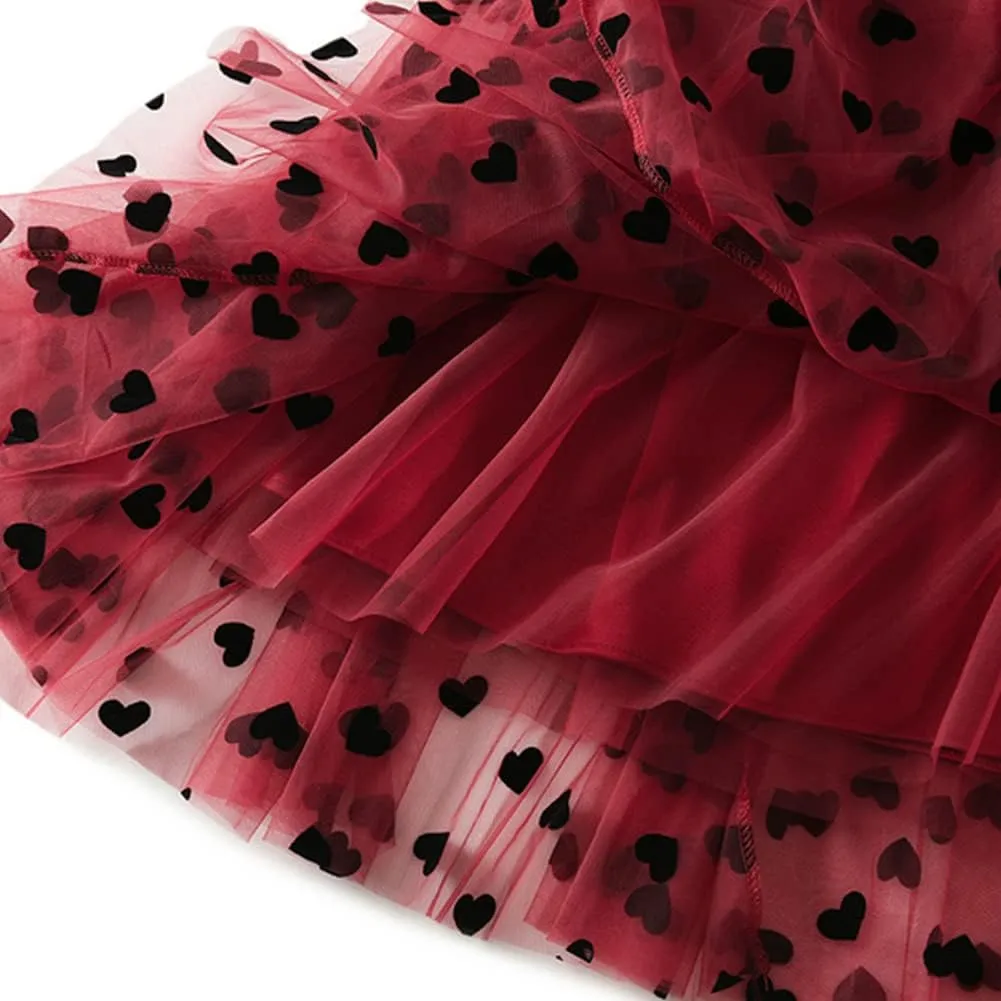 Tulle Skirts for Women Elastic High Waist Layered 3D Heart Print Double-Layered Mesh A-Line Midi Skirt