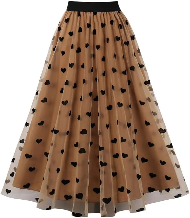 Tulle Skirts for Women Elastic High Waist Layered 3D Heart Print Double-Layered Mesh A-Line Midi Skirt
