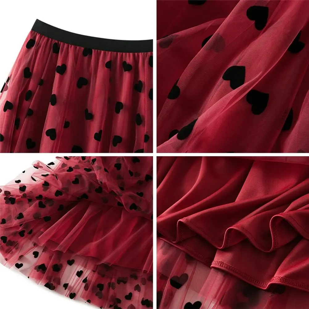 Tulle Skirts for Women Elastic High Waist Layered 3D Heart Print Double-Layered Mesh A-Line Midi Skirt
