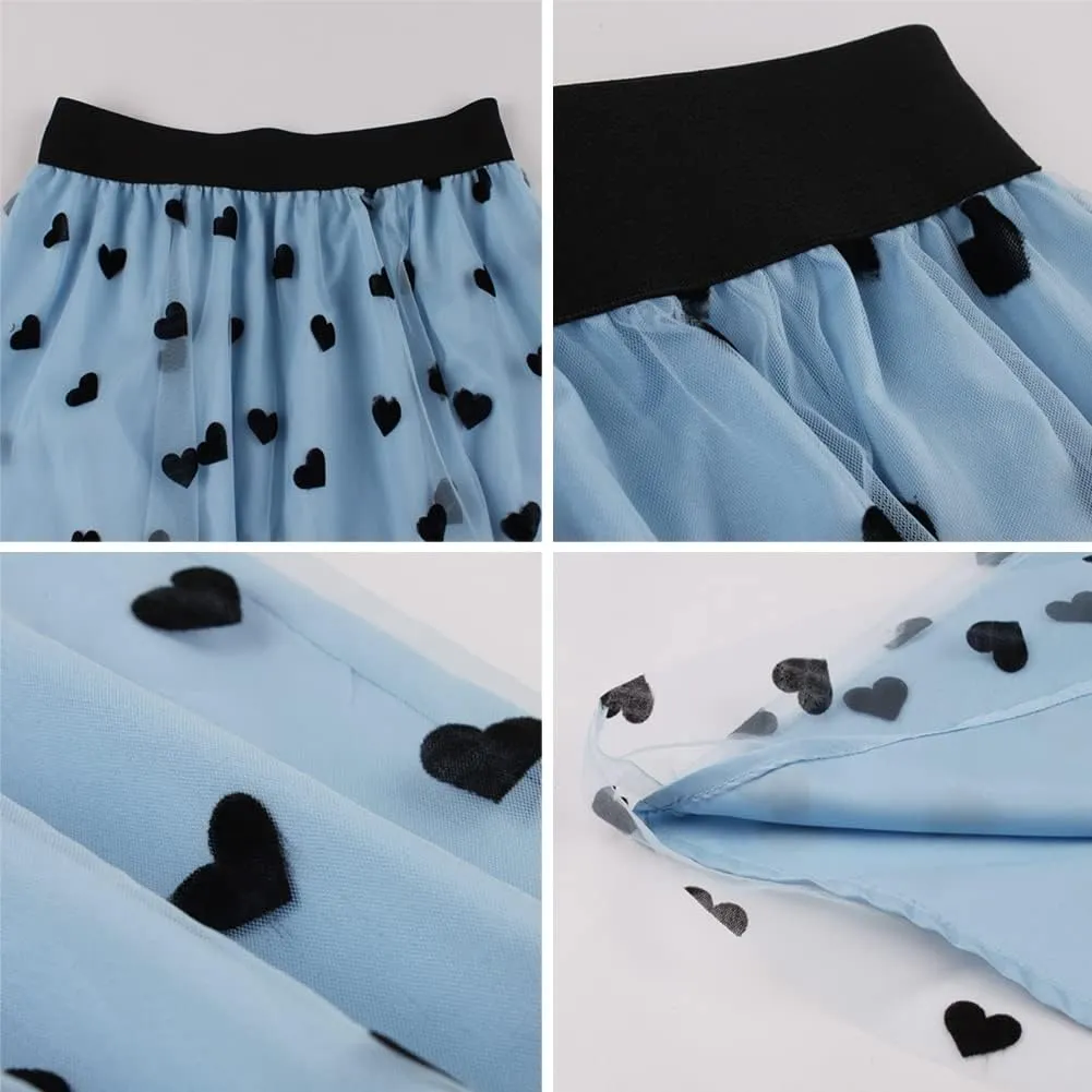 Tulle Skirts for Women Elastic High Waist Layered 3D Heart Print Double-Layered Mesh A-Line Midi Skirt
