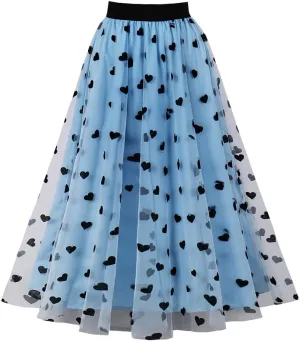 Tulle Skirts for Women Elastic High Waist Layered 3D Heart Print Double-Layered Mesh A-Line Midi Skirt