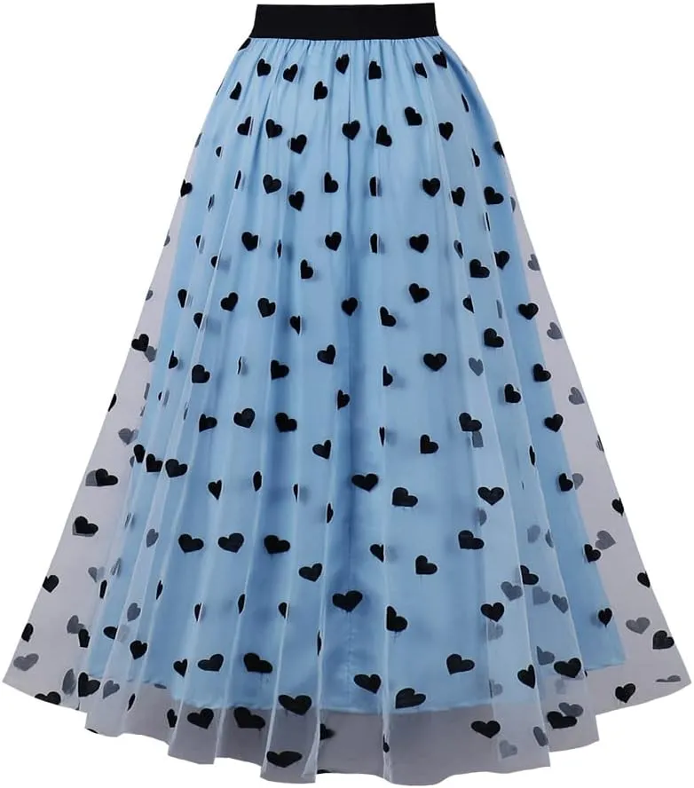 Tulle Skirts for Women Elastic High Waist Layered 3D Heart Print Double-Layered Mesh A-Line Midi Skirt