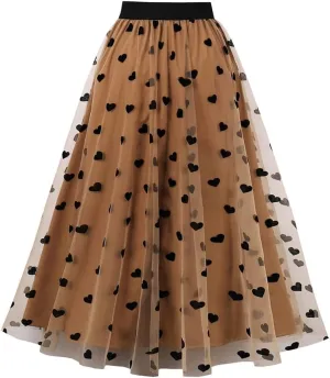 Tulle Skirts for Women Elastic High Waist Layered 3D Heart Print Double-Layered Mesh A-Line Midi Skirt