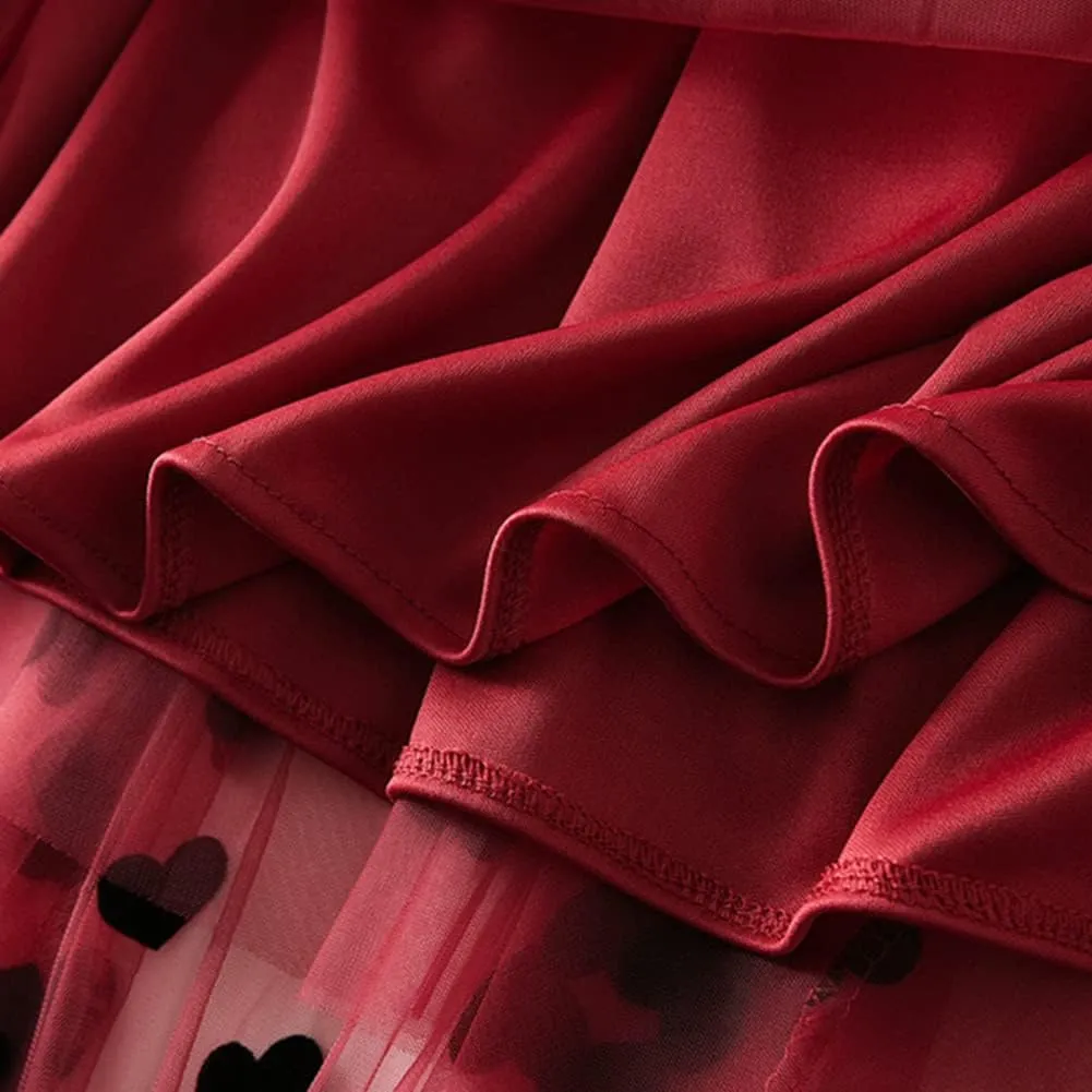 Tulle Skirts for Women Elastic High Waist Layered 3D Heart Print Double-Layered Mesh A-Line Midi Skirt