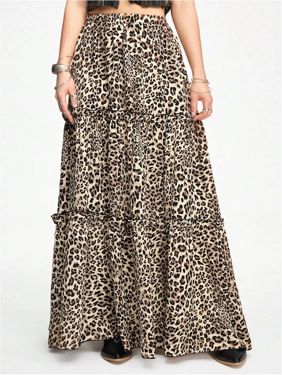 Verdusa Women's Leopard Print Skirt Y2k Goth Tiered Layered A Line High Rise Swing Long Skirts