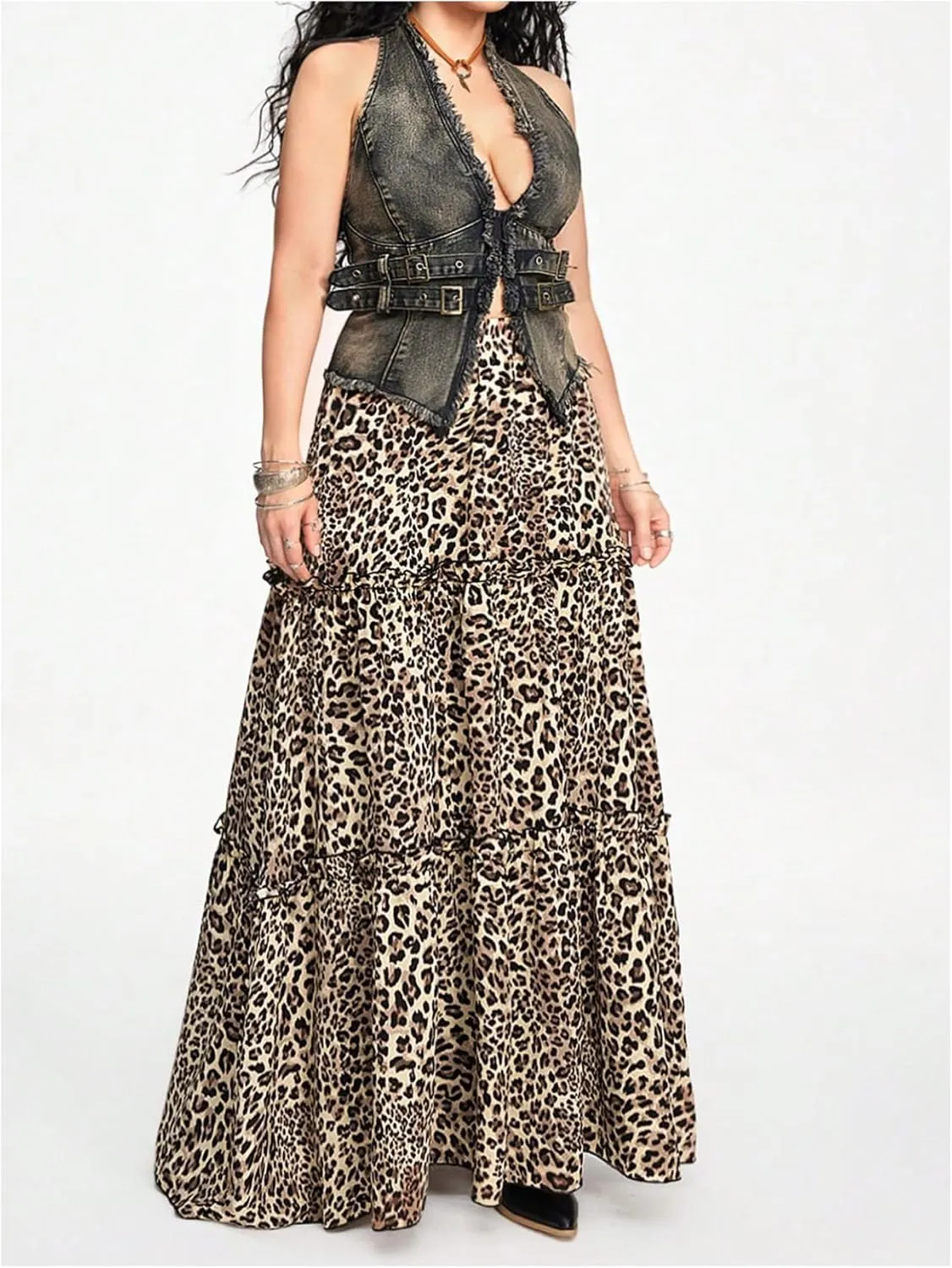 Verdusa Women's Leopard Print Skirt Y2k Goth Tiered Layered A Line High Rise Swing Long Skirts