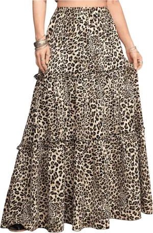 Verdusa Women's Leopard Print Skirt Y2k Goth Tiered Layered A Line High Rise Swing Long Skirts