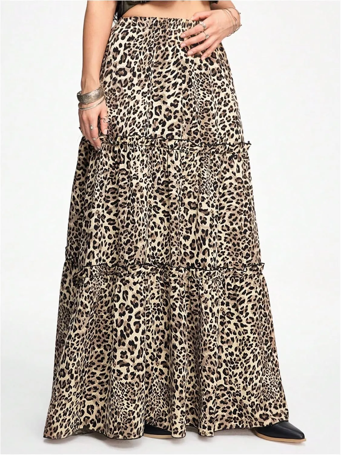 Verdusa Women's Leopard Print Skirt Y2k Goth Tiered Layered A Line High Rise Swing Long Skirts