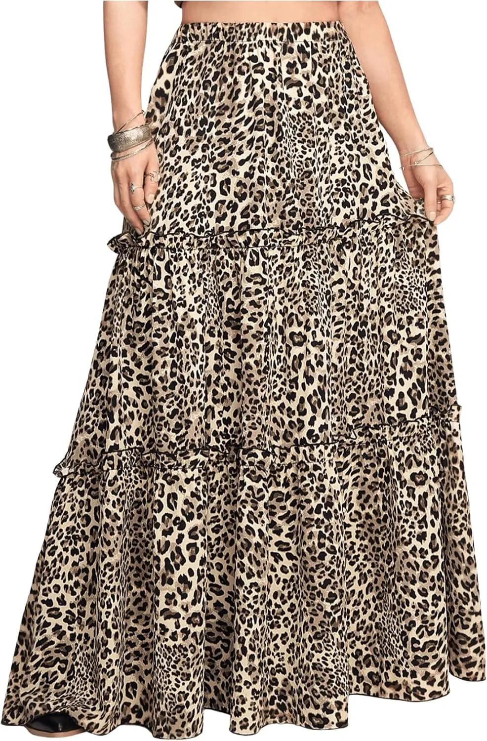 Verdusa Women's Leopard Print Skirt Y2k Goth Tiered Layered A Line High Rise Swing Long Skirts