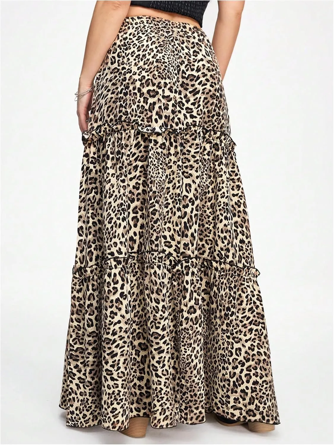 Verdusa Women's Leopard Print Skirt Y2k Goth Tiered Layered A Line High Rise Swing Long Skirts