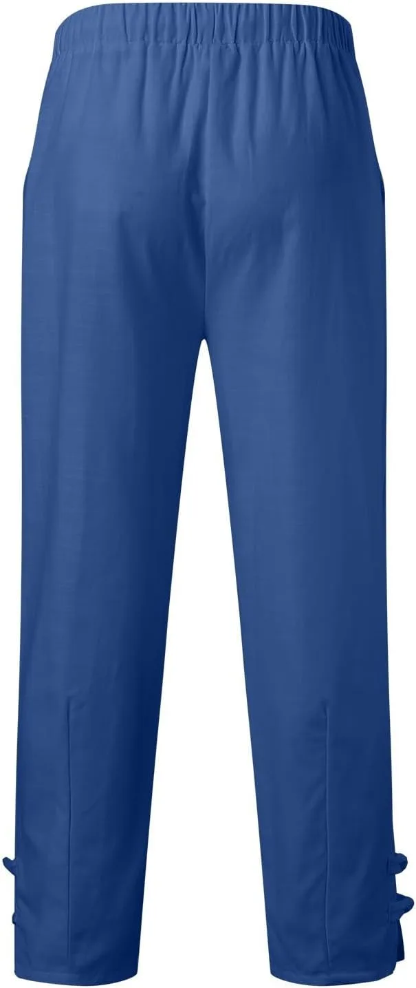 Vickyleb Men's Casual Linen Pants Elastic Drawstring Waist Loose Fit Straight Legs Summer Yoga Beach Long Pants for Men