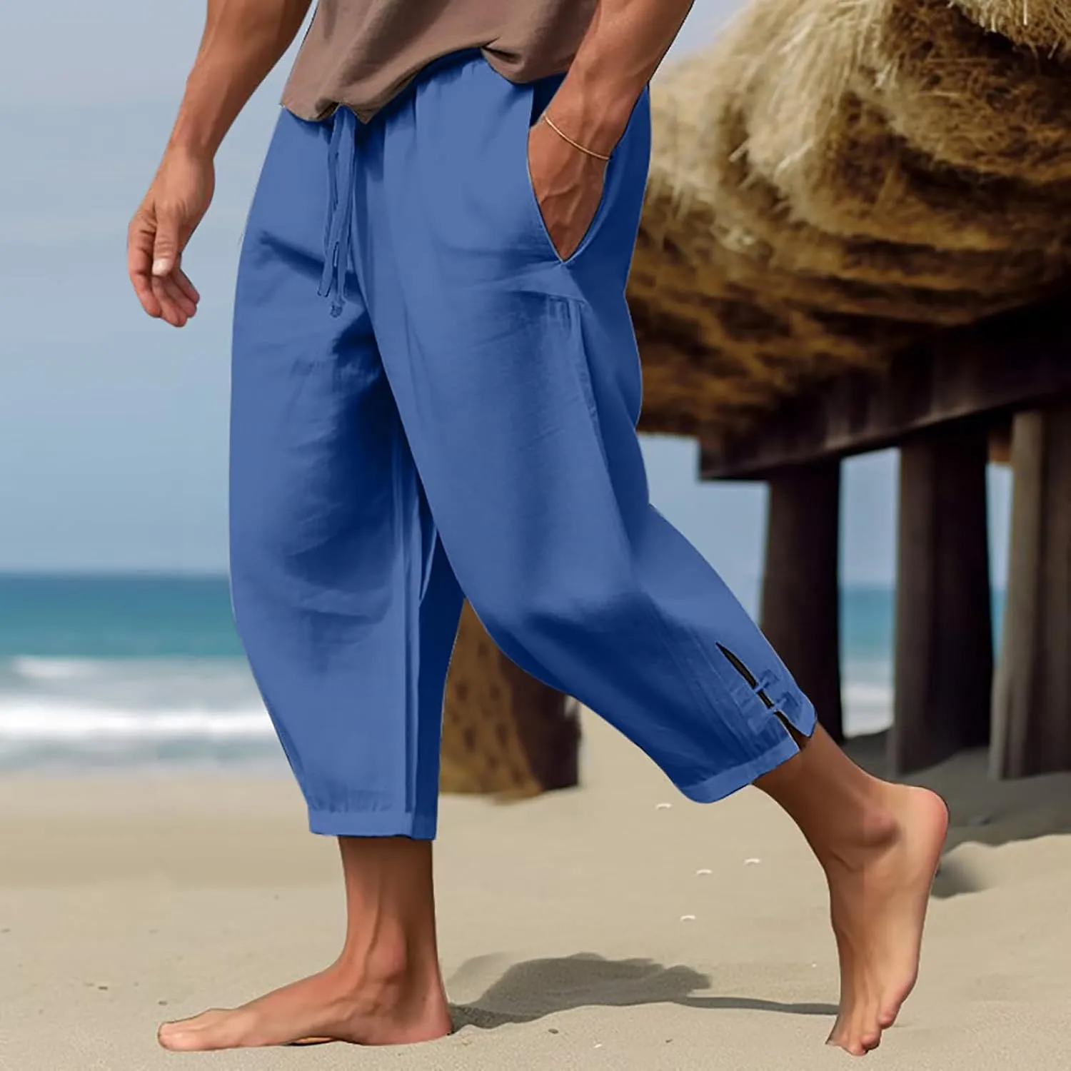 Vickyleb Men's Casual Linen Pants Elastic Drawstring Waist Loose Fit Straight Legs Summer Yoga Beach Long Pants for Men