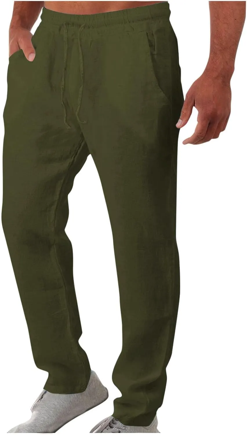 Vickyleb Men's Linen Pants Slim Fit Cotton Casual Lightweight Elastic Waist Summer Beach Loose Trousers with Pockets