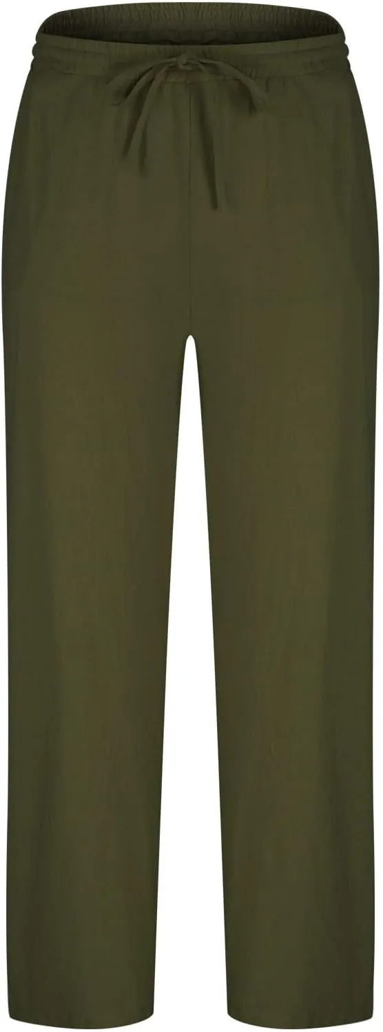 Vickyleb Men's Linen Pants Slim Fit Cotton Casual Lightweight Elastic Waist Summer Beach Loose Trousers with Pockets