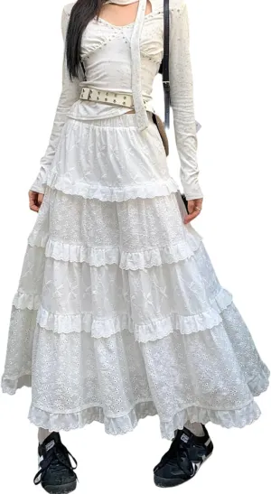 White Lace Maxi Skirts for Women Fashion A-Line High Waist Flowy Ruffle Tiered Boho Long Novelty Skirt