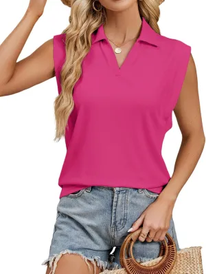 WHO IN SHOP Polo Shirts for Women V Neck Collared Golf Shirt UPF 50  Ribbed Cap Short Sleeve Work Blouses Tennis Tunic Tops