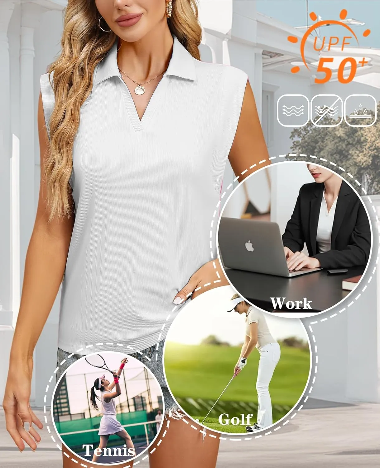 WHO IN SHOP Polo Shirts for Women V Neck Collared Golf Shirt UPF 50  Ribbed Cap Short Sleeve Work Blouses Tennis Tunic Tops