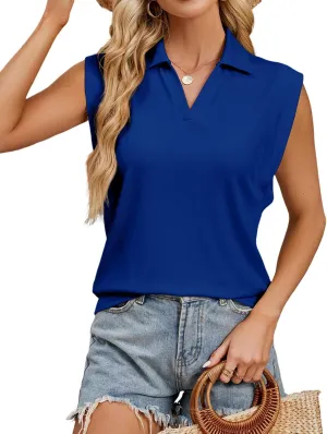 WHO IN SHOP Polo Shirts for Women V Neck Collared Golf Shirt UPF 50  Ribbed Cap Short Sleeve Work Blouses Tennis Tunic Tops