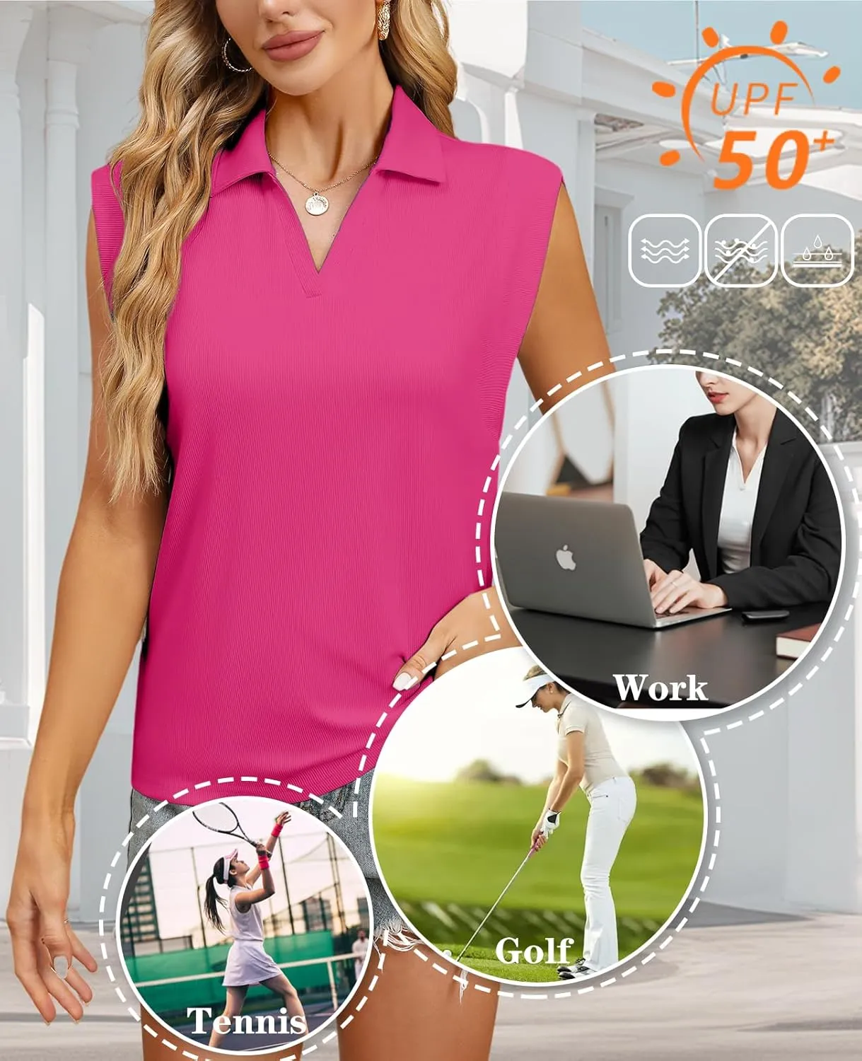 WHO IN SHOP Polo Shirts for Women V Neck Collared Golf Shirt UPF 50  Ribbed Cap Short Sleeve Work Blouses Tennis Tunic Tops