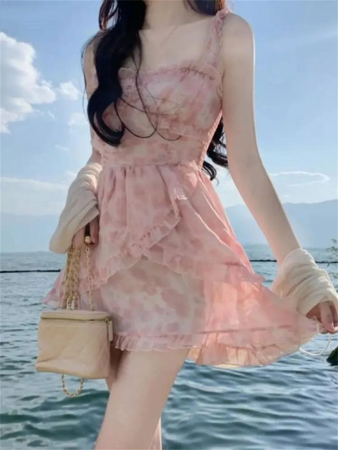 Women Floral Dresses Ruffles A-Line Style Mini College Hotsweet Slim Temperament Princess Dresses