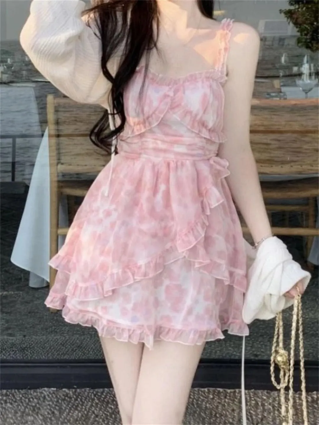 Women Floral Dresses Ruffles A-Line Style Mini College Hotsweet Slim Temperament Princess Dresses