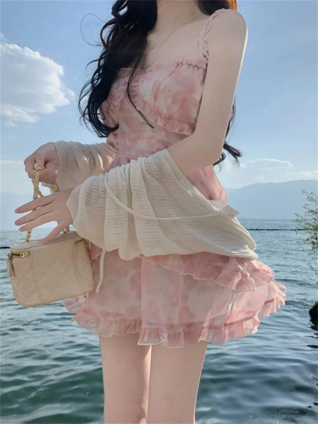 Women Floral Dresses Ruffles A-Line Style Mini College Hotsweet Slim Temperament Princess Dresses