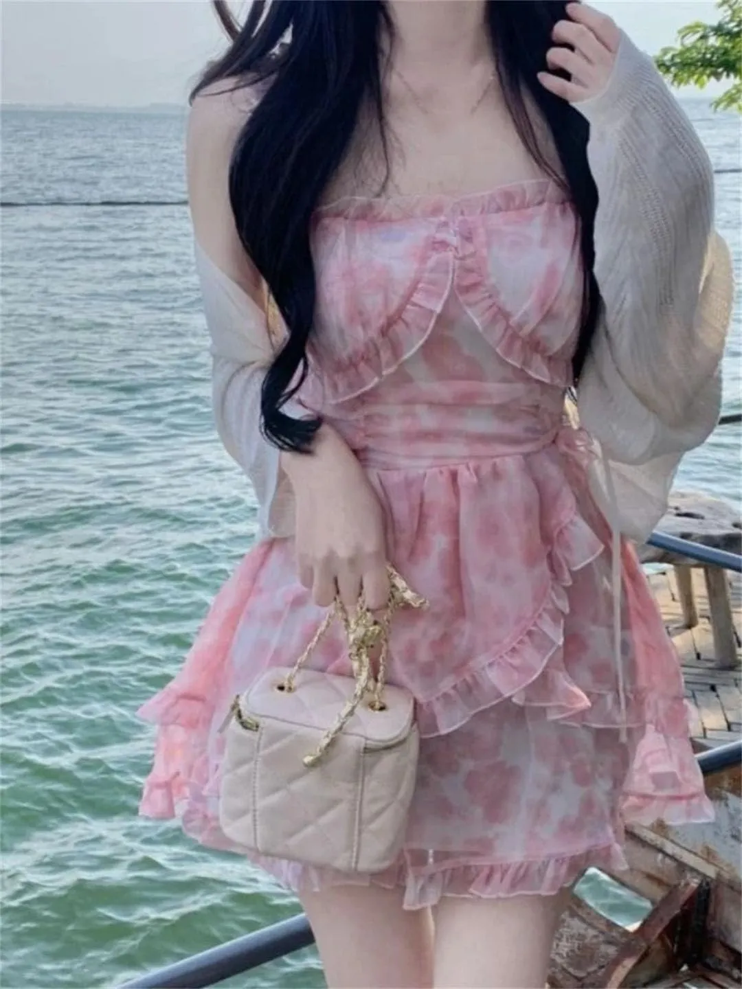 Women Floral Dresses Ruffles A-Line Style Mini College Hotsweet Slim Temperament Princess Dresses