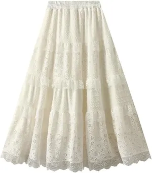 Women Lace Cake Skirt Loose High Waist A-Line Dance Midi Skirts
