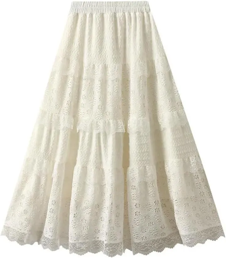 Women Lace Cake Skirt Loose High Waist A-Line Dance Midi Skirts