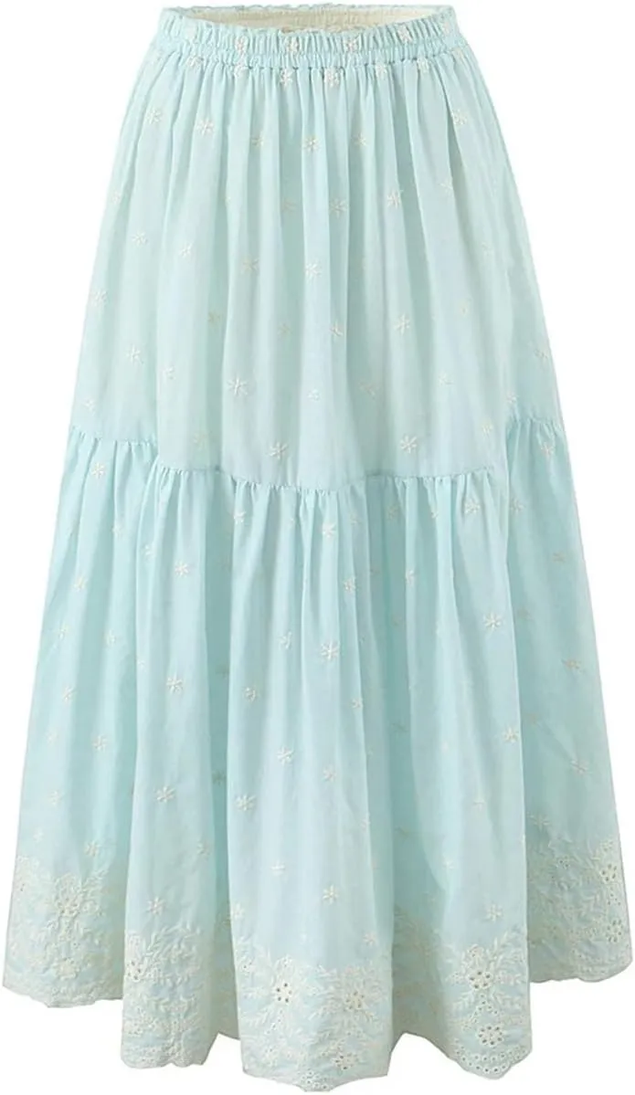 Women Lace Floral Patchwork Midi Skirt Vintage High Waist Casual Skirts