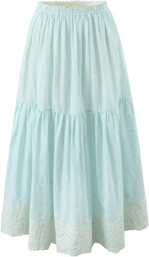 Women Lace Floral Patchwork Midi Skirt Vintage High Waist Casual Skirts