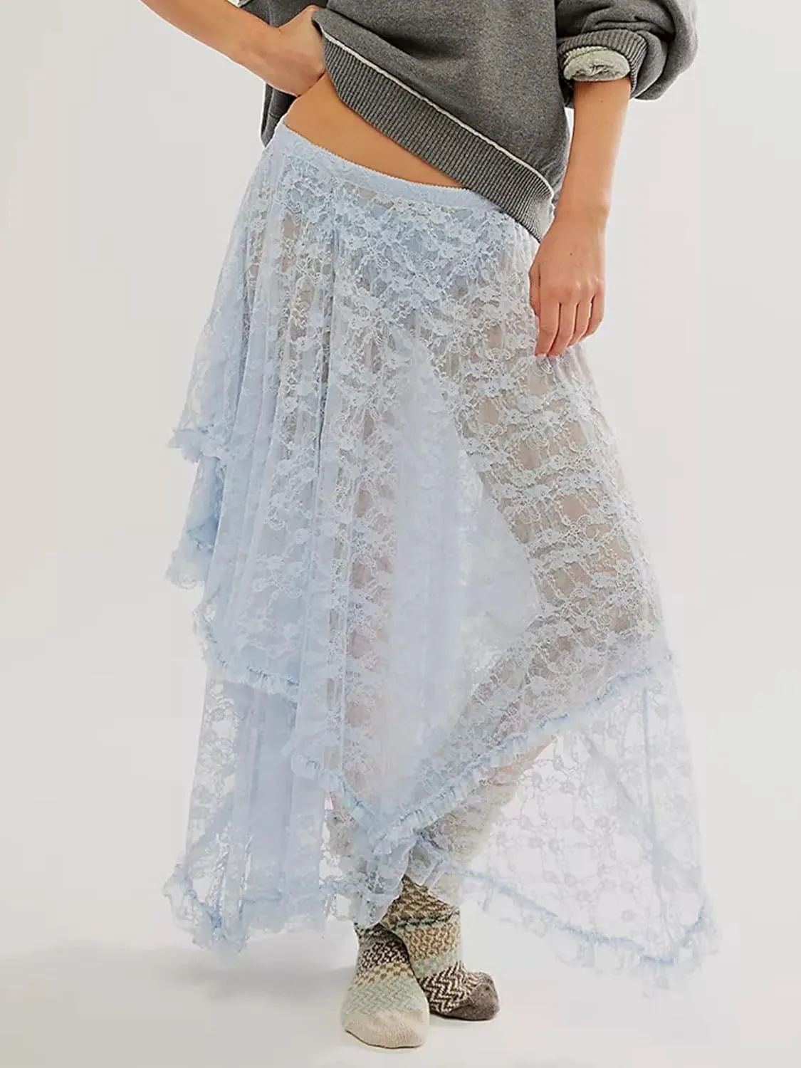 Women Lace Long Skirts Summer Elastic Asymmetrical Layered Hem Sexy See-Through Flowy Beach Floral Maxi Skirts
