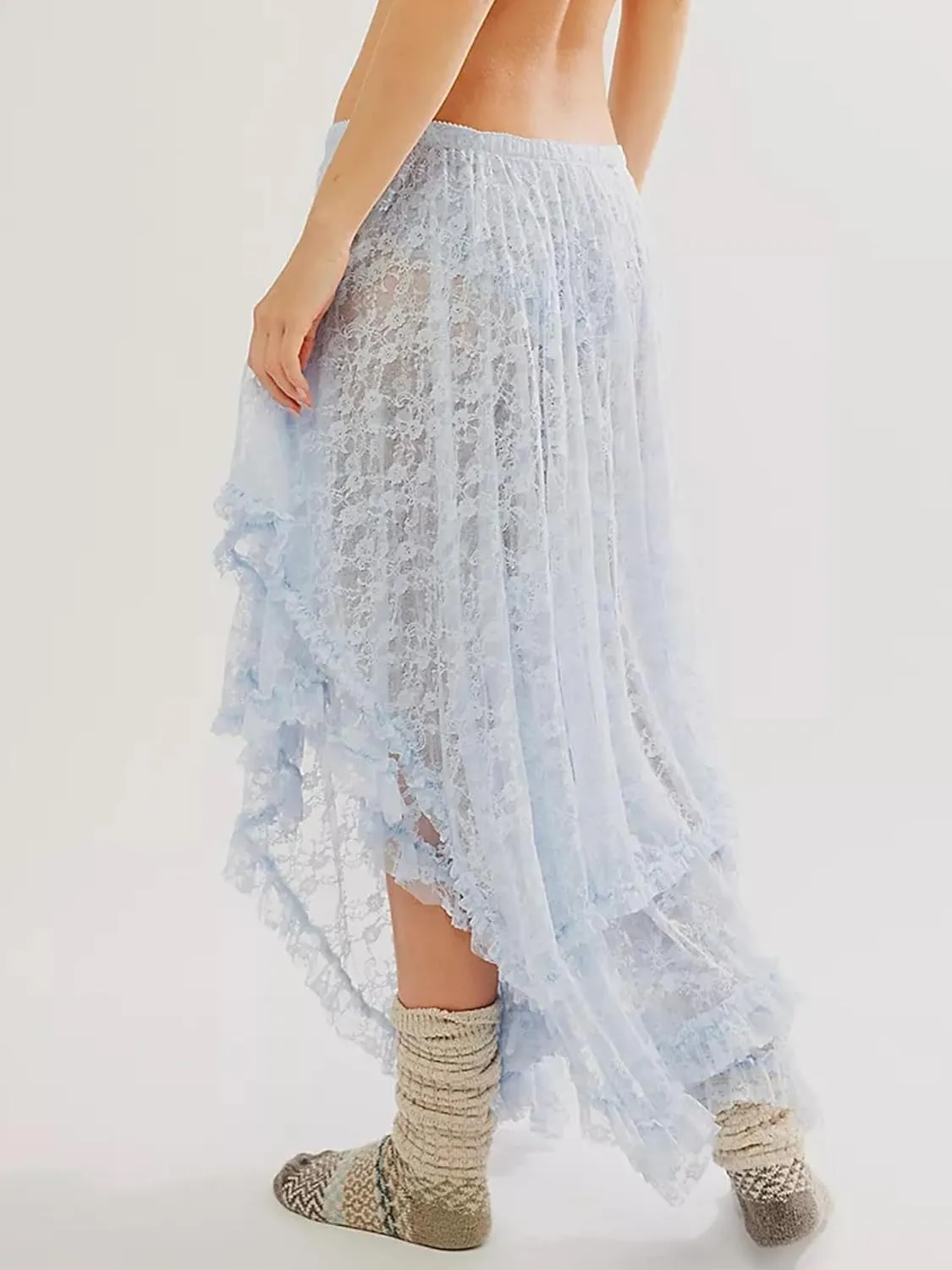 Women Lace Long Skirts Summer Elastic Asymmetrical Layered Hem Sexy See-Through Flowy Beach Floral Maxi Skirts