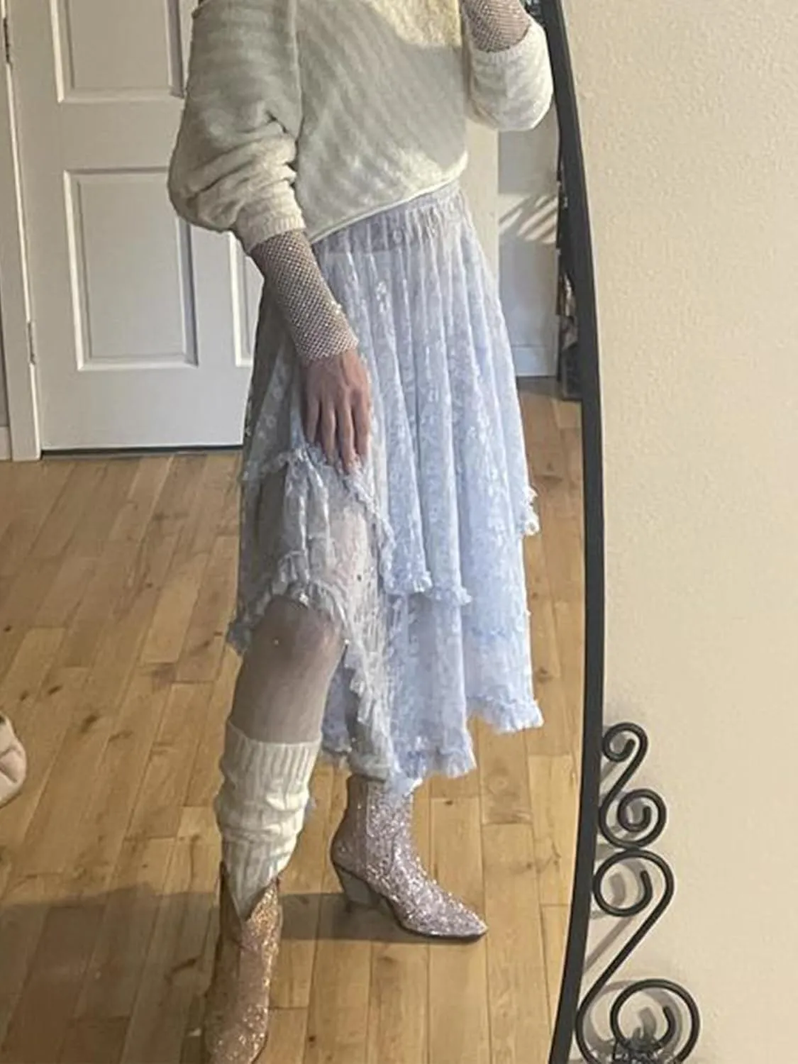 Women Lace Long Skirts Summer Elastic Asymmetrical Layered Hem Sexy See-Through Flowy Beach Floral Maxi Skirts