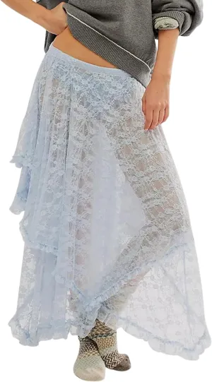 Women Lace Long Skirts Summer Elastic Asymmetrical Layered Hem Sexy See-Through Flowy Beach Floral Maxi Skirts