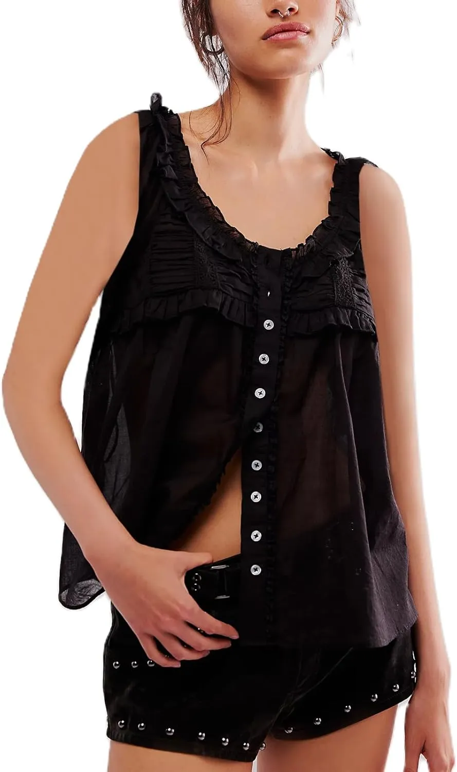 Women Lace Trim Button Up Cami Tank Crop Tops Y2k Front Tie Up Floral Ruffle Babydoll Tees Shirt Summer