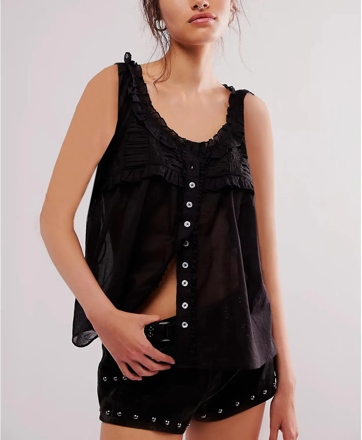 Women Lace Trim Button Up Cami Tank Crop Tops Y2k Front Tie Up Floral Ruffle Babydoll Tees Shirt Summer