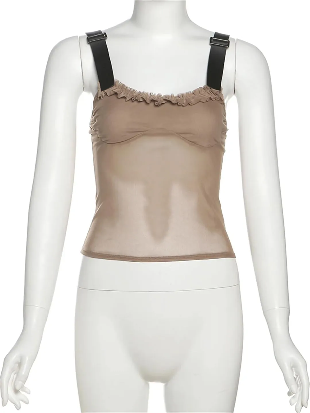Women Patchwork Edge Camisole Y2K Mesh Metal Adjustment Clasp Low-Neck Sexy Tops