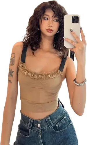 Women Patchwork Edge Camisole Y2K Mesh Metal Adjustment Clasp Low-Neck Sexy Tops