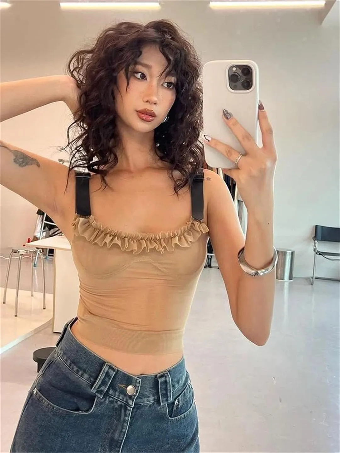Women Patchwork Edge Camisole Y2K Mesh Metal Adjustment Clasp Low-Neck Sexy Tops