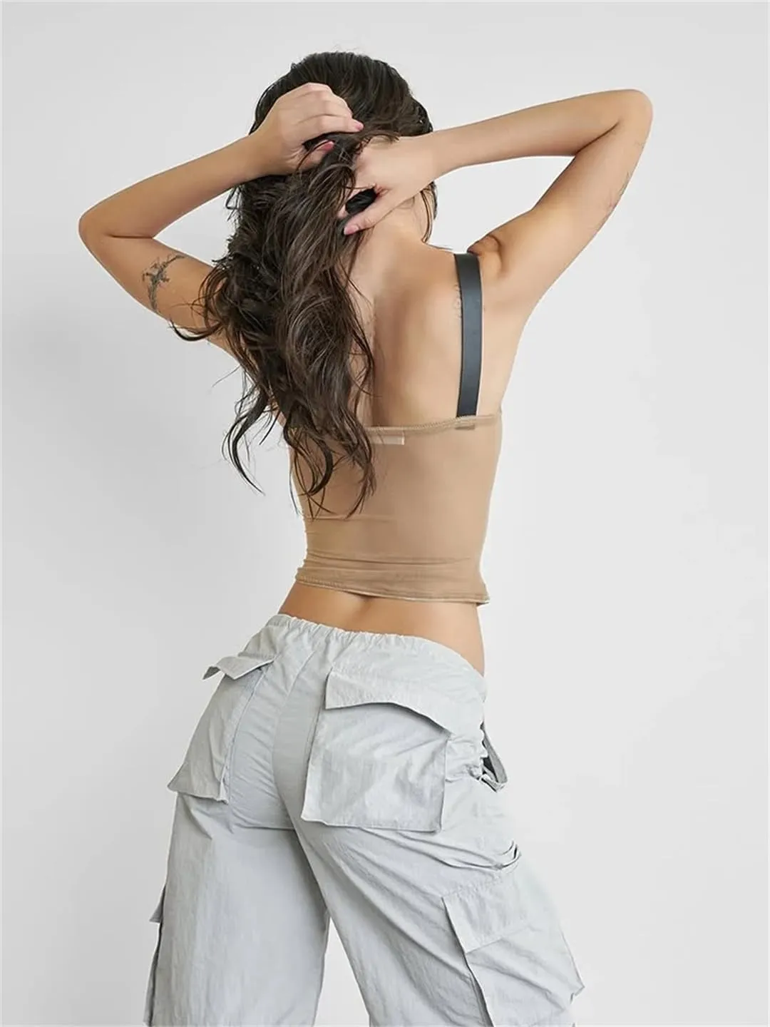Women Patchwork Edge Camisole Y2K Mesh Metal Adjustment Clasp Low-Neck Sexy Tops