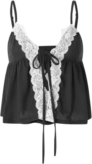 Women S Crop Cami Tops Sleeveless Tie-Up Front Lace Patchwork Loose Fit Camisole