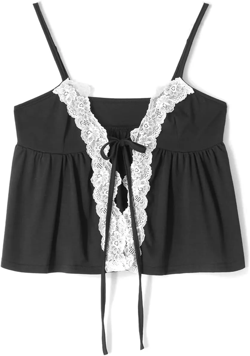 Women S Crop Cami Tops Sleeveless Tie-Up Front Lace Patchwork Loose Fit Camisole