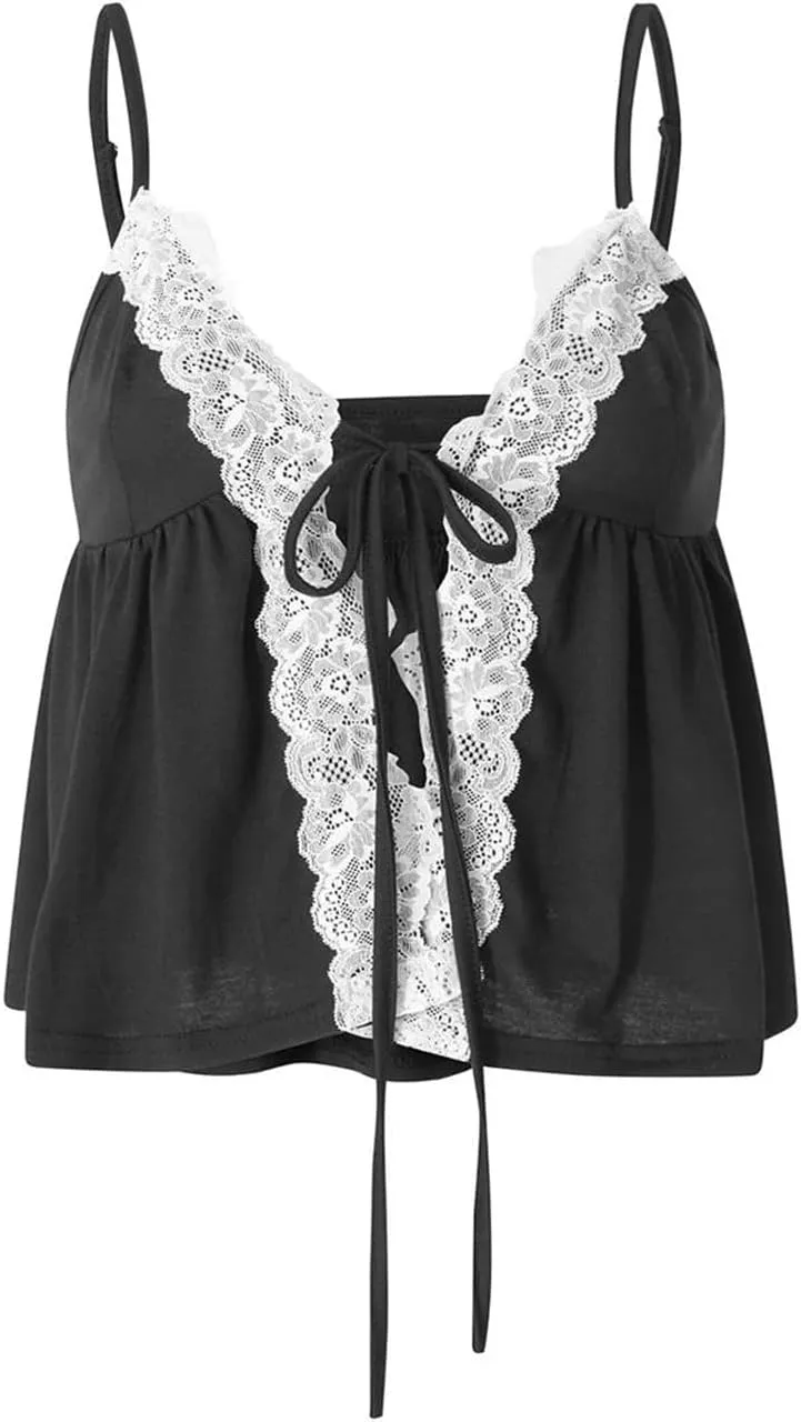 Women S Crop Cami Tops Sleeveless Tie-Up Front Lace Patchwork Loose Fit Camisole