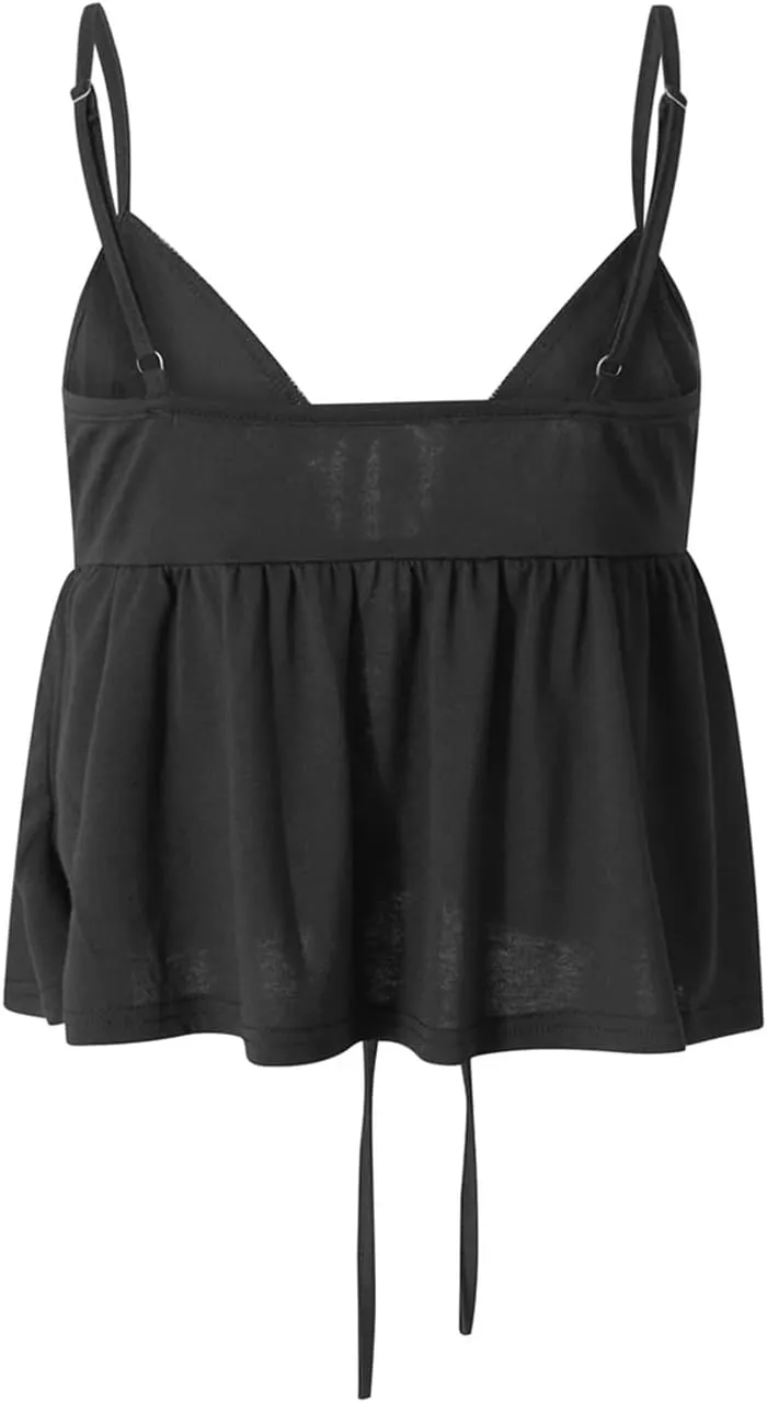 Women S Crop Cami Tops Sleeveless Tie-Up Front Lace Patchwork Loose Fit Camisole