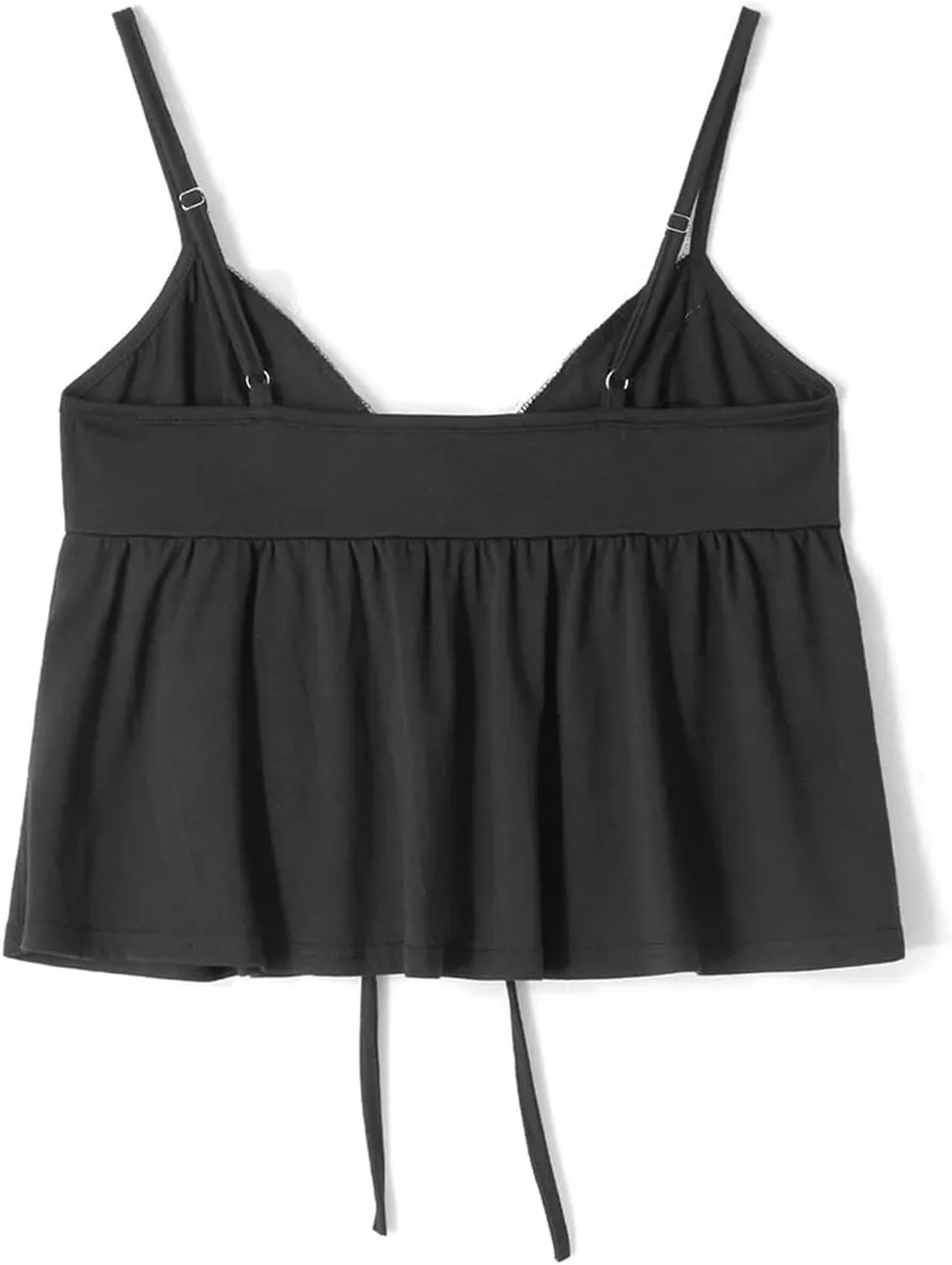 Women S Crop Cami Tops Sleeveless Tie-Up Front Lace Patchwork Loose Fit Camisole