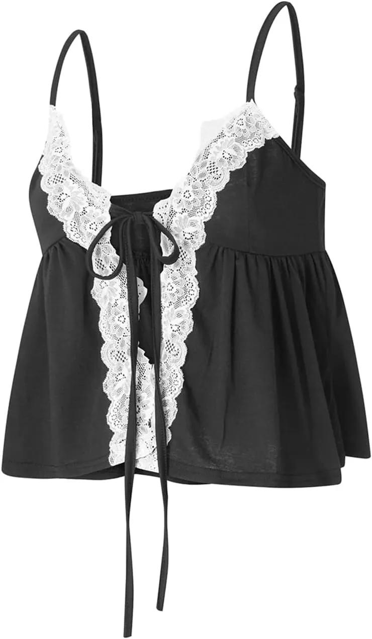 Women S Crop Cami Tops Sleeveless Tie-Up Front Lace Patchwork Loose Fit Camisole