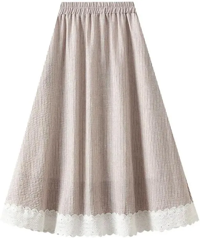 Women Striped Patchwork Lace Midi Long Skirt Loose Elastic High Waist A-Line Skirts