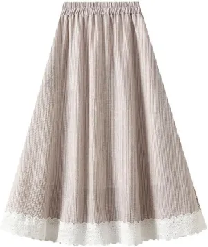 Women Striped Patchwork Lace Midi Long Skirt Loose Elastic High Waist A-Line Skirts